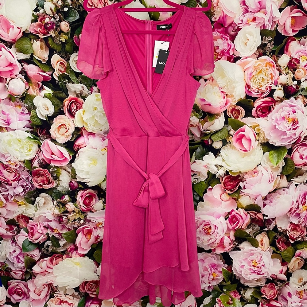 DKNY Bright Pink Tie-Waist Dress Sz 14